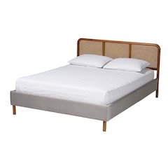Light Grey Velvet Fabric and Walnut Brown Finished Wood Queen Size Platform Bed