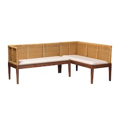 Nautral Brown Rattan and Brown Acacia Wood 2-Piece Dining Nook Banquette Set