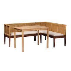Bohemian Natural Brown Rattan and Brown Acacia Wood 3-Piece Dining Nook set