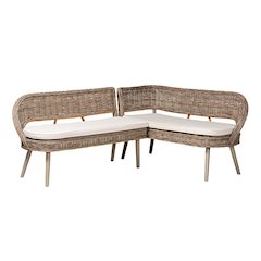 Natural Kubu Rattan and Grey Acacia Wood 2-Piece Dining Nook Banquette Set