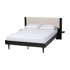 Beige Fabric and Black Wood Queen Size Bed with Built-In Side Tables