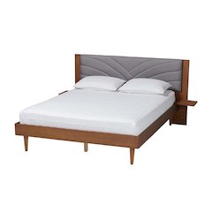 Walnut Brown Wood Queen Size Platform Bed With Floating Side Table