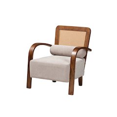 Modern Japandi Light Grey Fabric and Walnut Brown Finished Wood Arm Chair