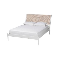 Louetta Coastal White Queen Size Platform Bed with Carved Contrasting Headboard