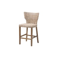 Enver Modern Bohemian Grey Kubu Rattan and Mahogany Wood Counter Stool