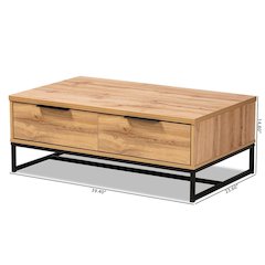 Oak Brown Finished Wood and Black Finished Metal 2-Drawer Coffee Table