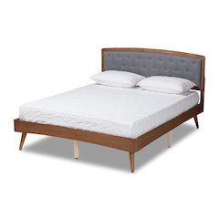 Baxton Studio Ratana Mid-Century Modern Transitional Grey Fabric Upholstered and Walnut Brown Finished Wood Queen Size Platform Bed
