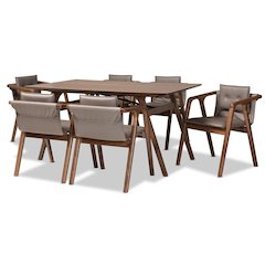 Mid-Century Modern Grey Imitation Leather, Walnut Brown Wood 7-Piece Dining Set