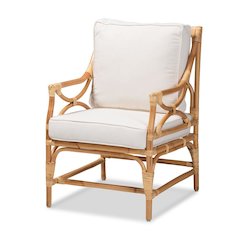 Bohemian White Fabric Upholstered and Natural Brown Rattan Armchair