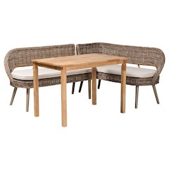Modern Bohemian Natural Kubu Rattan Bench and Wood Table 3-Piece Dining Nook Set