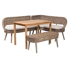 Modern Bohemian Natural Kubu Rattan Bench and Wood Table 4-Piece Dining Nook Set
