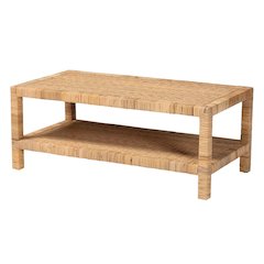 Kalimantan Bohemian Light Honey Rattan and Mahogany Wood Rectangle Coffee Table