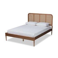 Walnut Brown Finished Wood and Synthetic Rattan Queen Size Platform Bed