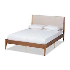 Beige Fabric Upholstered and Walnut Brown Finished Wood Queen Size Platform Bed
