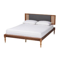 Dark Grey Fabric and Walnut Brown Finished Wood Queen Size Platform Bed
