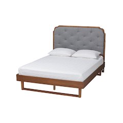 Grey Fabric and Walnut Brown Wood King Size Platform Bed