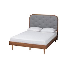 Grey Fabric and Walnut Brown Wood King Size Platform Bed