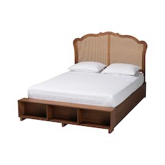 Latrell Mid-Century Walnut Brown Wood and Rattan King Size Storage Bed
