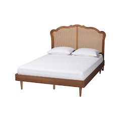 Camden Mid-Century Walnut Brown Wood and Rattan King Size Platform Bed