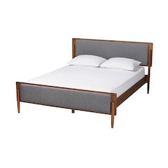 Grey Fabric and Ash Walnut Finished Wood King Size Platform Bed
