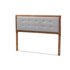Light Grey Fabric Upholstered Walnut Brown Finished Wood King Size Headboard