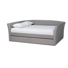 Light Grey Fabric Upholstered Queen Size Daybed with Roll-Out Trundle Bed