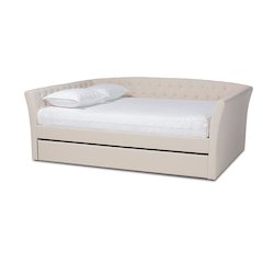 Beige Fabric Upholstered Queen Size Daybed with Roll-Out Trundle Bed
