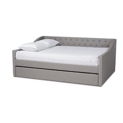 Light Grey Fabric Upholstered Queen Size Daybed with Roll-Out Trundle Bed