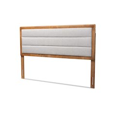 Light Grey Fabric Upholstered and Walnut Brown Finished Wood King Size Headboard