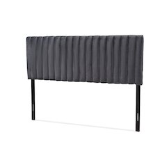 Grey Velvet Fabric Upholstered and Dark Brown Finished Wood Queen Size Headboard