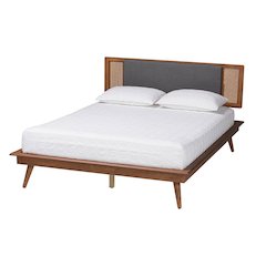 Modern Dark Grey Fabric and Walnut Brown Finished Wood King Size Platform Bed