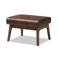 Bianca Mid-Century Modern Walnut Wood Dark Brown Distressed Faux Leather Ottoman