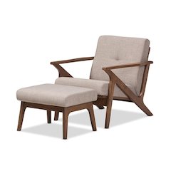 Walnut Wood Light Grey Fabric Tufted Lounge Chair And Ottoman Set