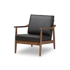 Venza Mid-Century Modern Walnut Wood Black Faux Leather Lounge Chair