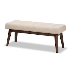 Elia Mid-Century Modern Walnut Wood Light Beige Fabric Button-Tufted Bench