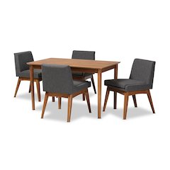 Dark Grey Fabric Upholstered and Walnut Brown Finished Wood 5-Piece Dining Set