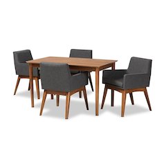 Dark Grey Fabric Upholstered and Walnut Brown Finished Wood 5-Piece Dining Set