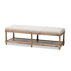 Celeste French Country Weathered Oak Beige Linen Upholstered Ottoman Bench