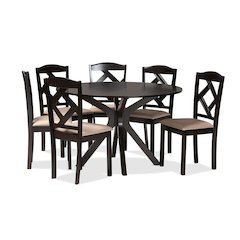 Carlin Sand Fabric Upholstered and Dark Brown Finished Wood 7-Piece Dining Set