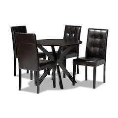 Leather Upholstered and Dark brown Finished Wood 5-Piece Dining Set