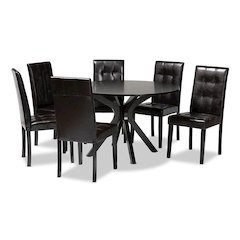 Leather Upholstered and Dark brown Finished Wood 7-Piece Dining Set