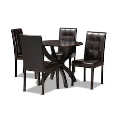 Leather Upholstered and Dark Brown Finished Wood 5-Piece Dining Set