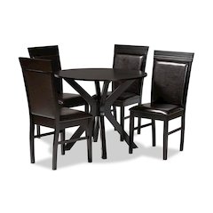 Leather Upholstered and Dark Brown Finished Wood 5-Piece Dining Set