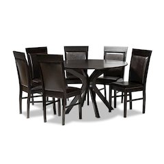 Leather Upholstered and Dark Brown Finished Wood 7-Piece Dining Set