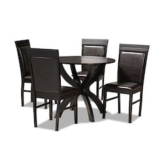 Leather Upholstered and Dark Brown Finished Wood 5-Piece Dining Set