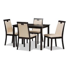 Beige Faux Leather Upholstered and Dark Brown Finished 5-Piece Dining Set