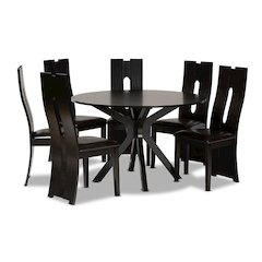 Leather Upholstered and Dark Brown Finished Wood 7-Piece Dining Set