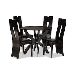 Leather Upholstered and Dark Brown Finished Wood 5-Piece Dining Set