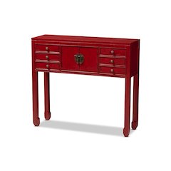 Antique Red Finished Wood Bronze Finished Accents 6-Drawer Console Table