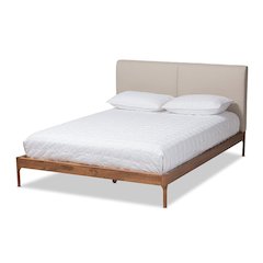 Beige Fabric Upholstered Walnut Finished Full Size Platform Bed
